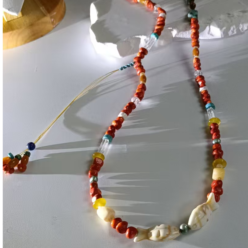 非金属陶瓷项链 藏式风格项链手工原创长链撞色复古百搭彩色时尚