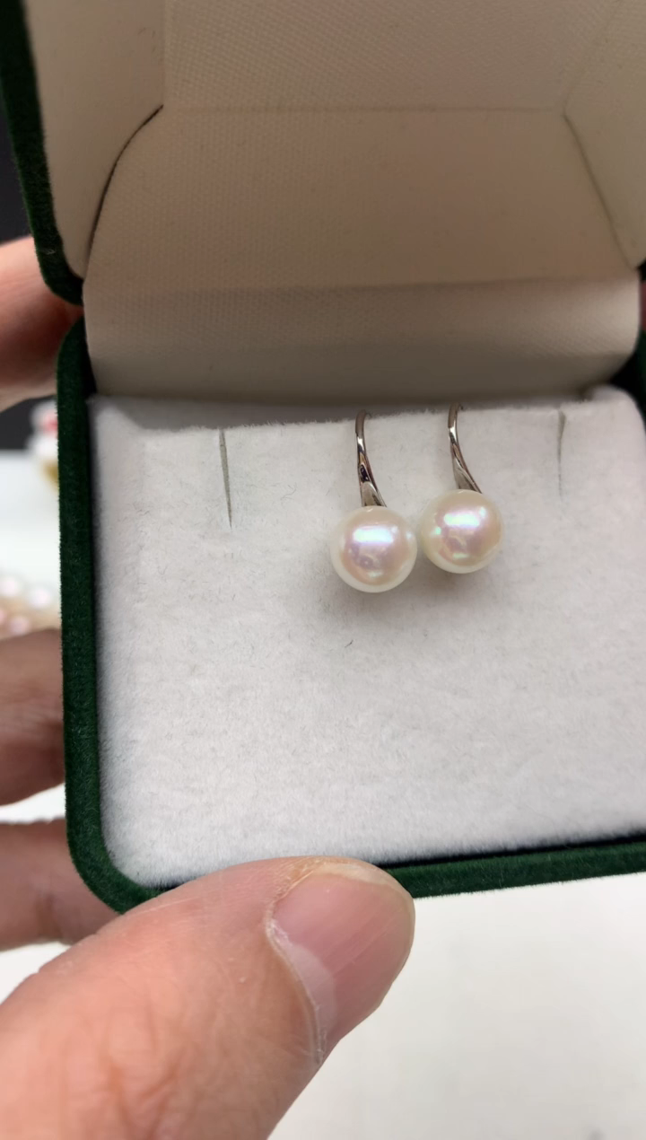 银S925镶嵌ff海水珍珠akoya白珠耳饰7~8mm