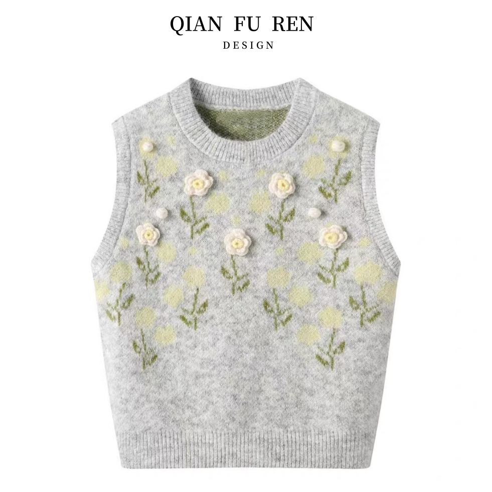 温柔立体花朵针织衫马甲背心女秋季软糯立体花瓣宽松加厚上衣女