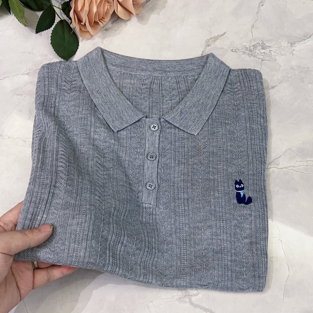 天丝猫咪刺绣短袖针织开衫女夏季百搭气质上衣