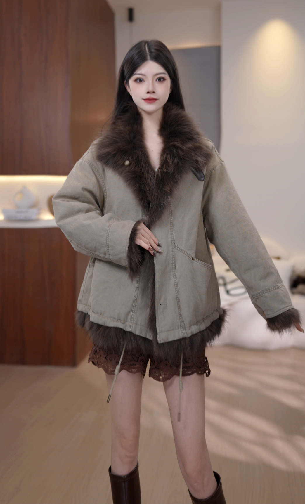 2025时尚毛领宽松加厚拼接感上衣外套 婷婷-117