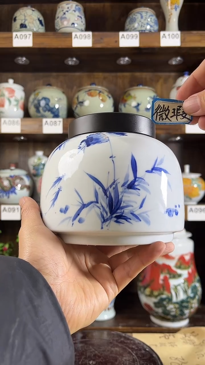 【闪购商品】纯手工手绘竹子鸟储物罐