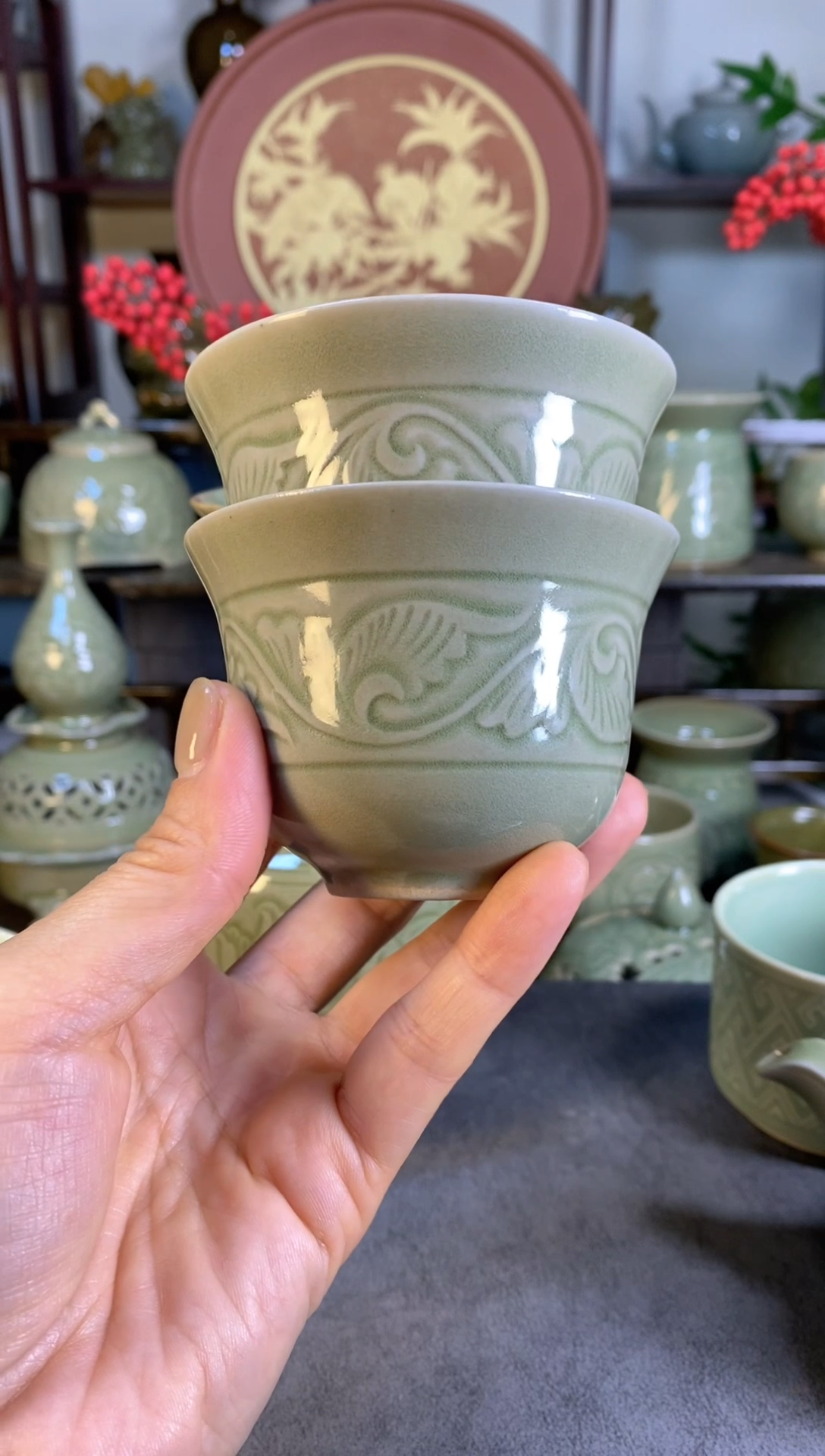 栀*花微瑕处理 【窑变】卷草纹主人杯2个