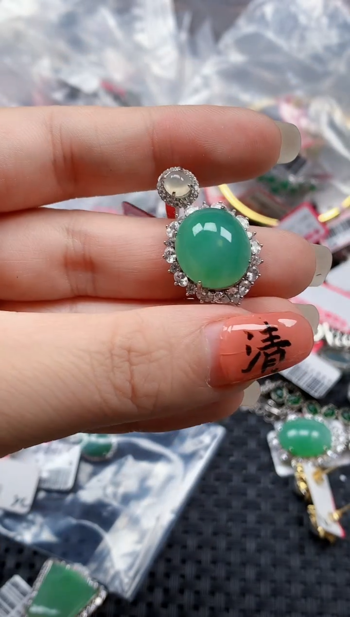 银S925镶嵌戒指翡翠天然A货缅甸翡翠