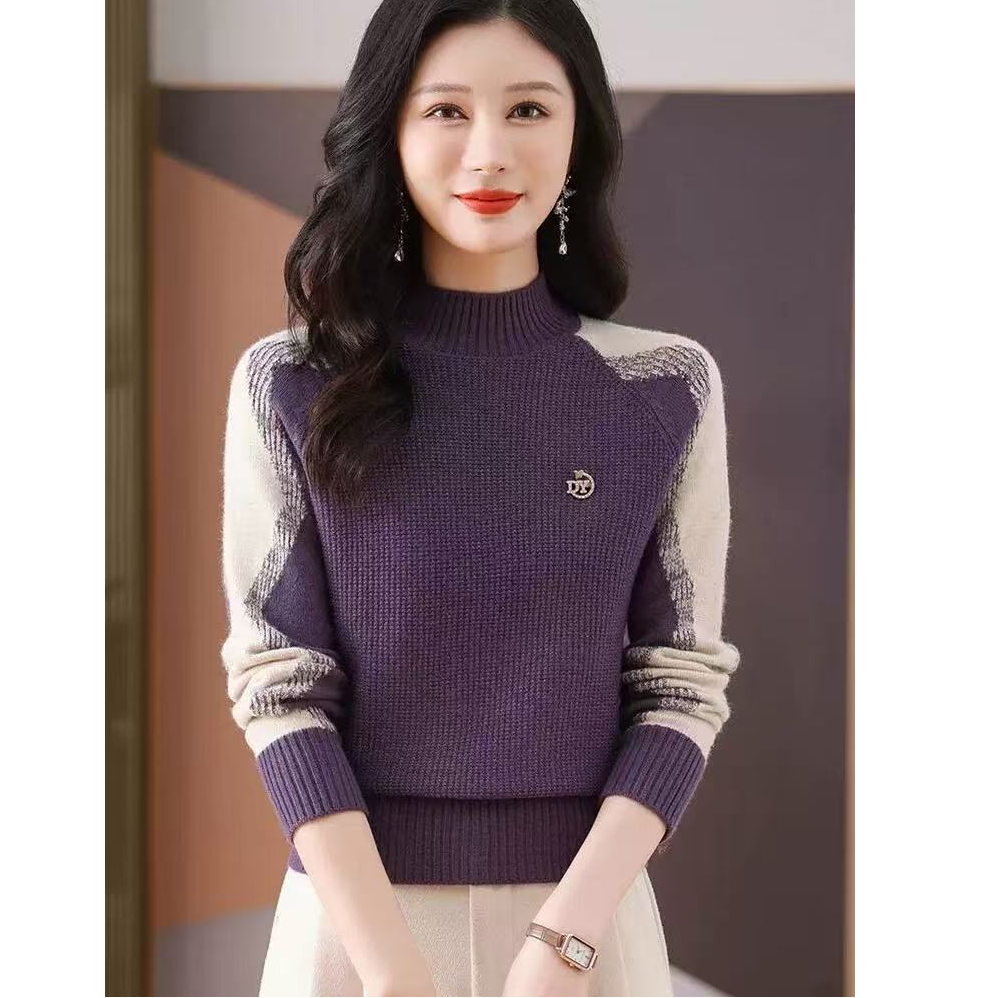 秋冬新款气质衫女圆领套头拼色毛衣宽松减龄针织衫上衣打1405