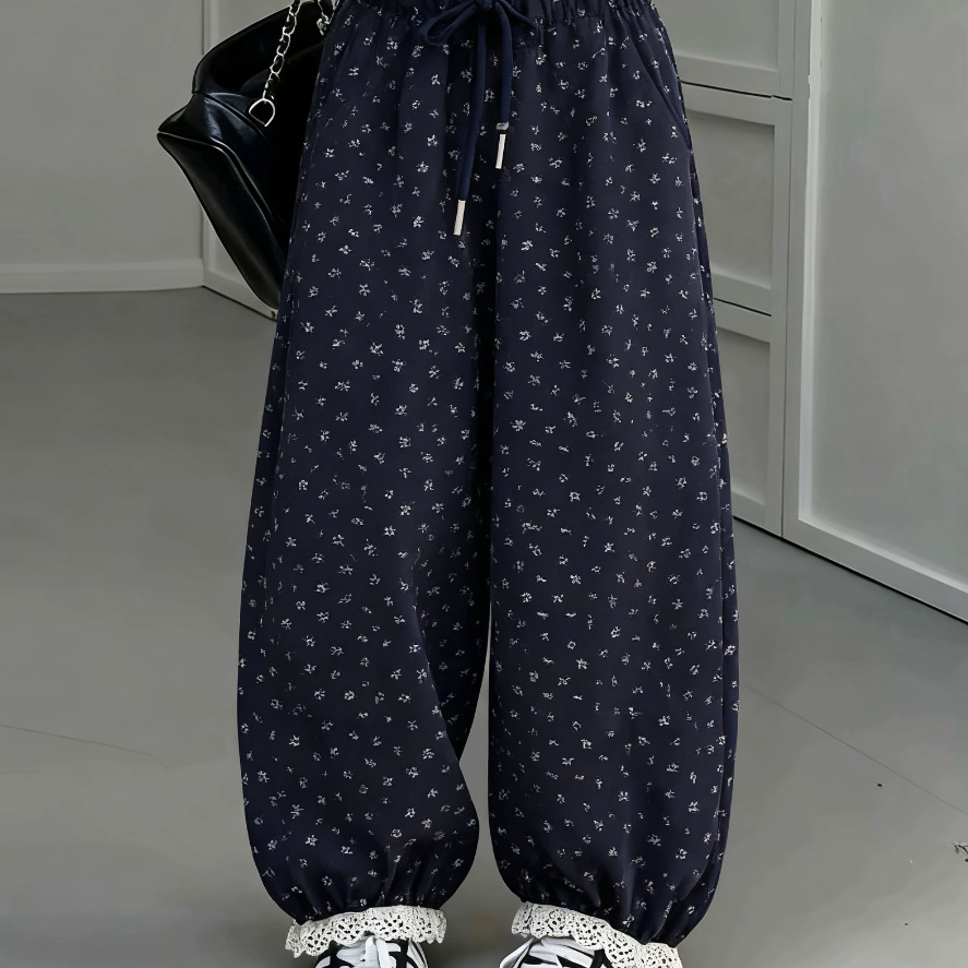 男女童秋冬季加绒加厚小碎花版松腰中大童休闲束脚高级感韩版长裤