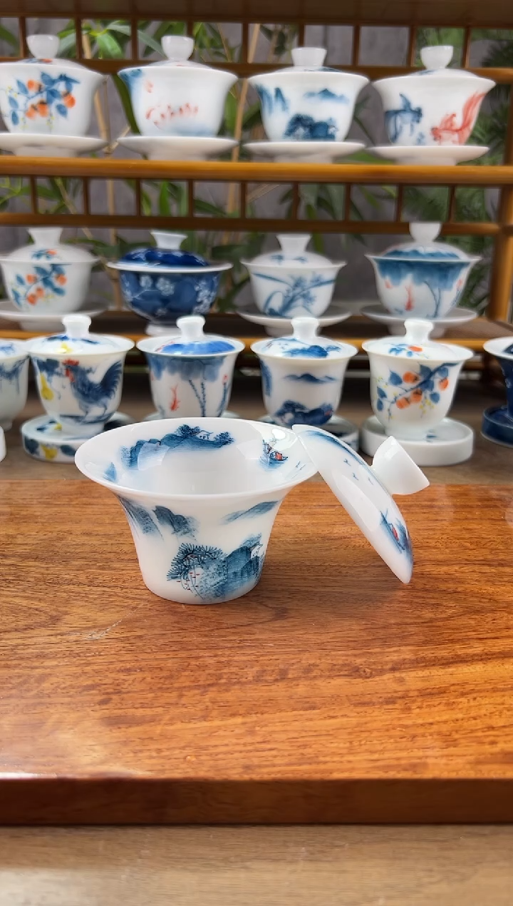 【闪购商品】微瑕高冰山水二才马蹄盖碗