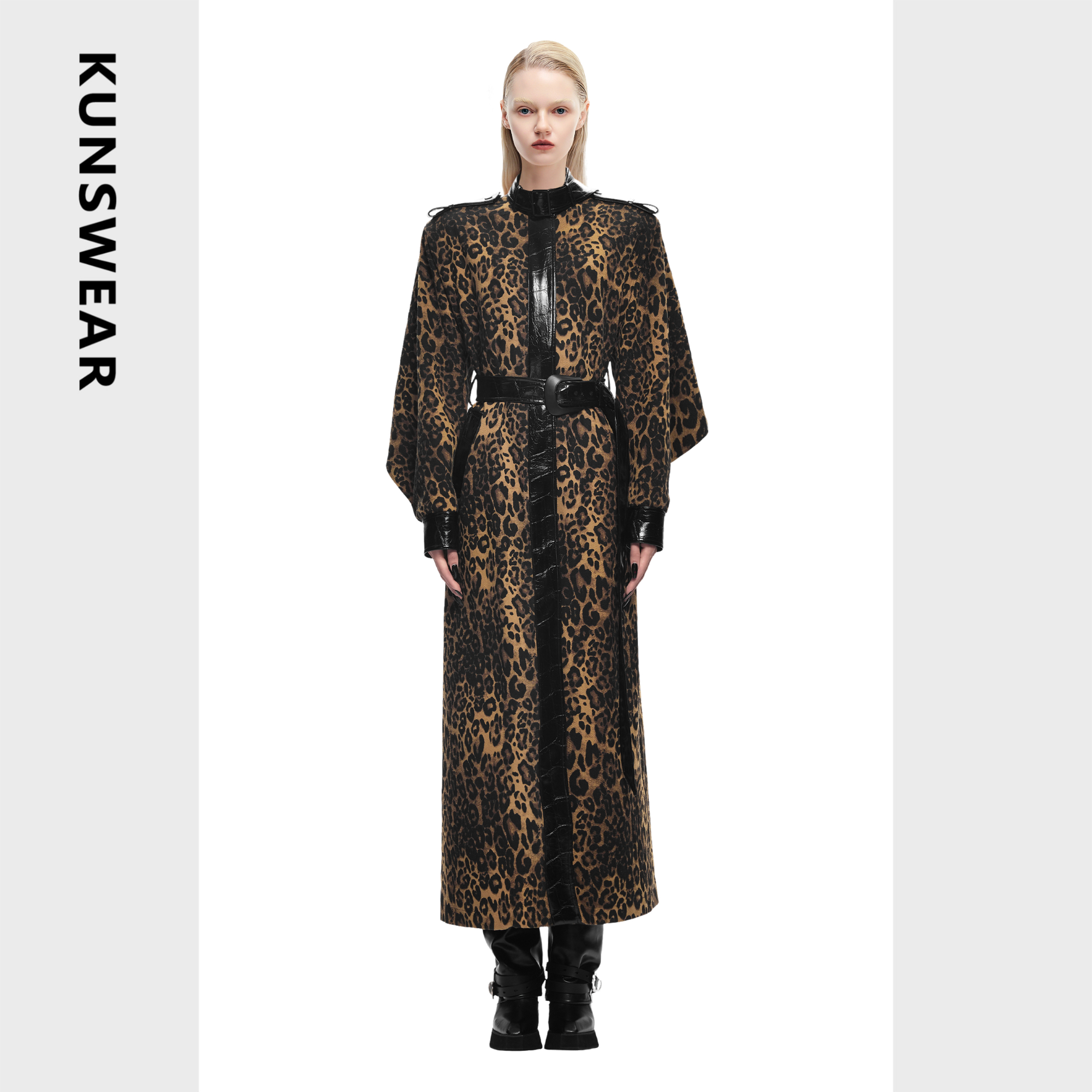 KUNSWEAR/琨丝薇尔25FA 野性复古豹纹长款风衣腰带外套 836002130