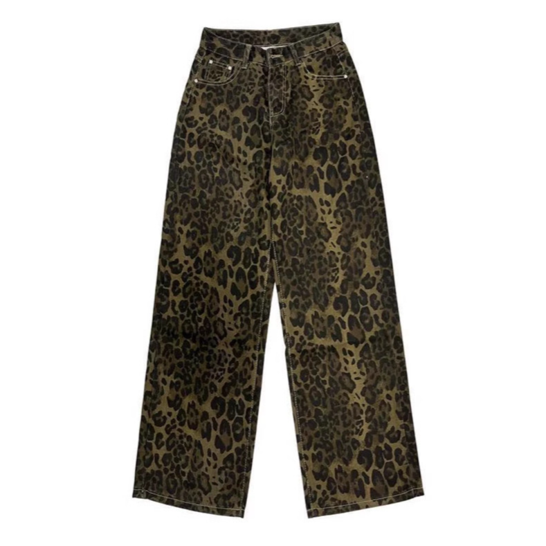 美式高街辣妹豹纹牛仔裤女2025春季直筒宽松显瘦阔腿裤