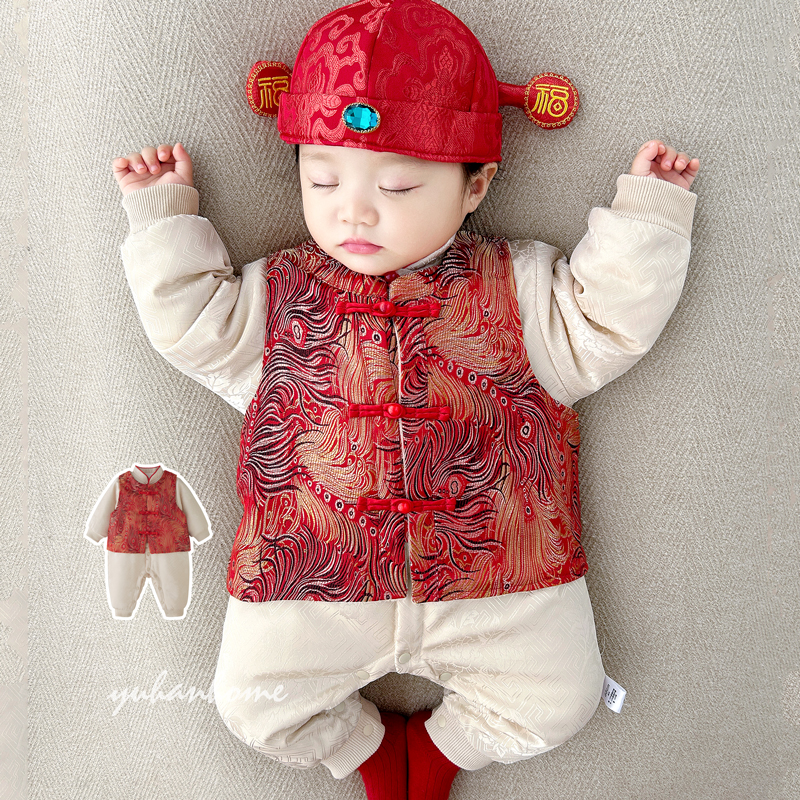 【高端系列手洗】新中式缎面满月百天周岁拜年送礼连体衣