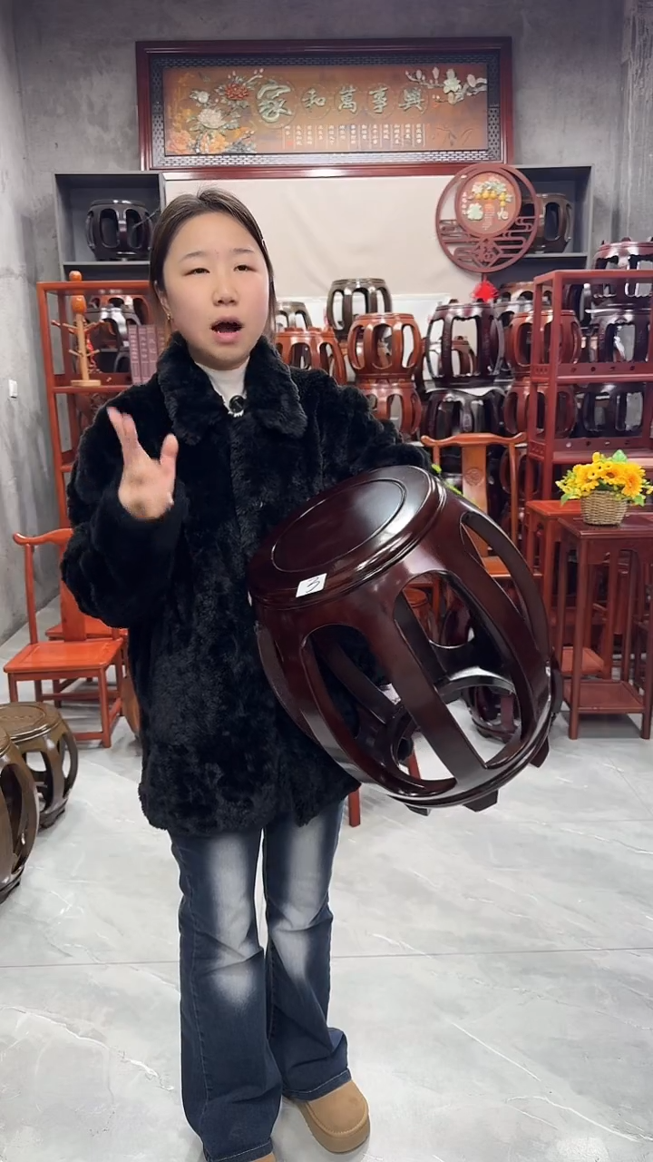 花梨木类家具【微瑕】胡桃色大号鼓凳3号