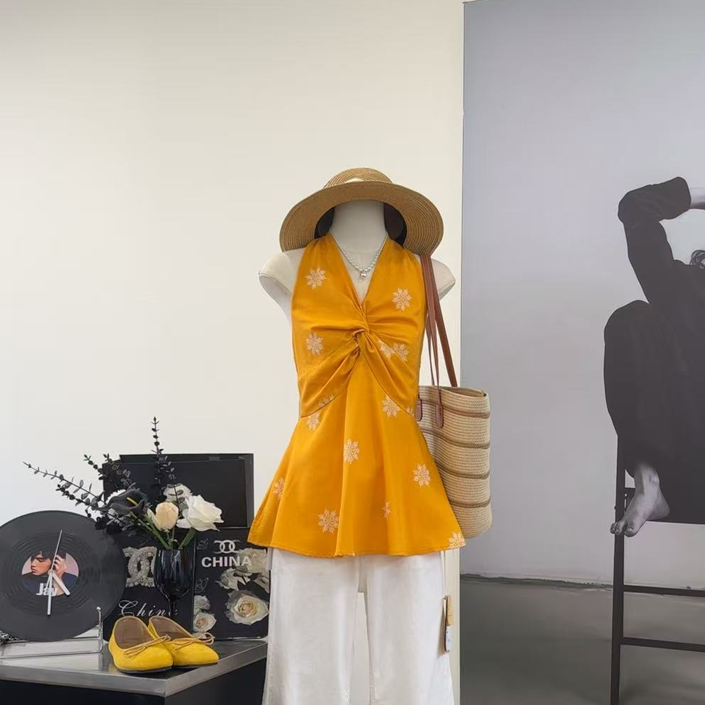 【色彩担当】法式黄色扭结无袖吊带背心纯欲收腰显瘦上衣-1629-1