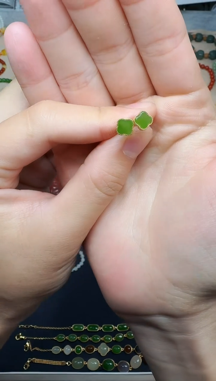 和田玉银S925镶嵌耳饰四叶草耳钉06