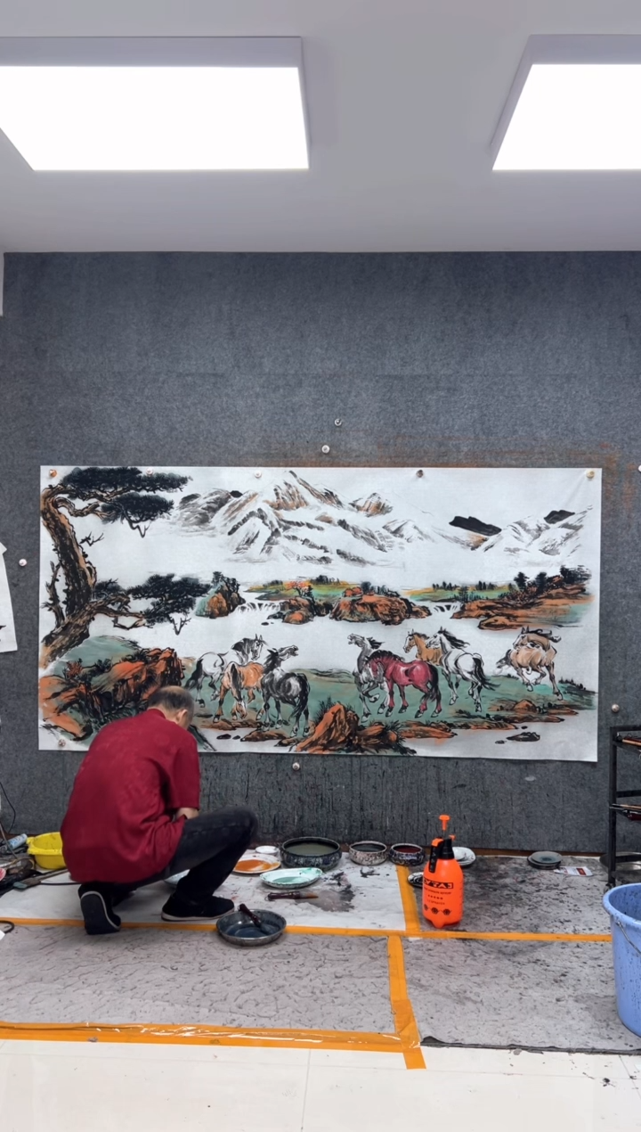 纸本国画小****植定制 同款 山水八骏 240X120cm