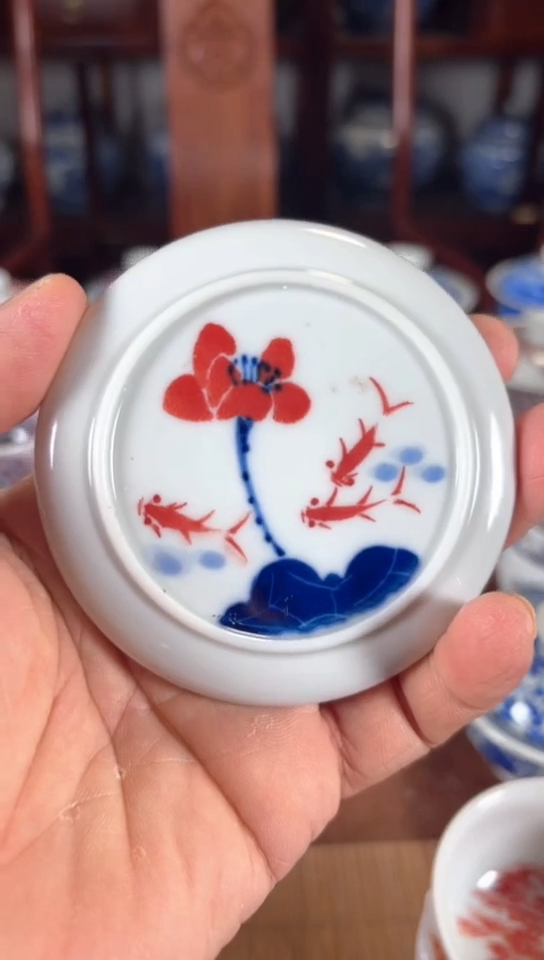 柴窑青花釉里红荷花盖置