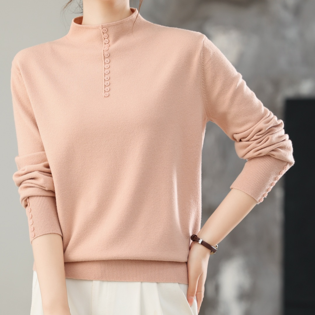 苗姐【宽松大版】通勤多扣中领毛衫2888