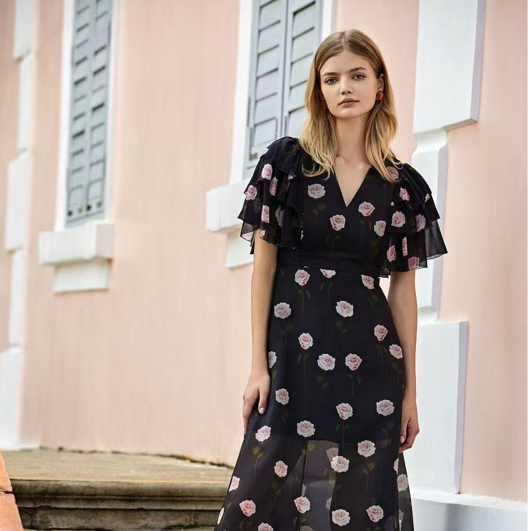 OU.FASHINO桑蚕丝连衣裙碎花显瘦收腰A摆1172410500            .