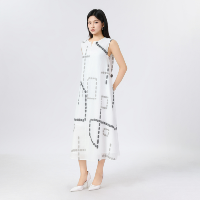 AMASS阿玛施新品早春新款黑白花纹连衣裙550005-2A66161