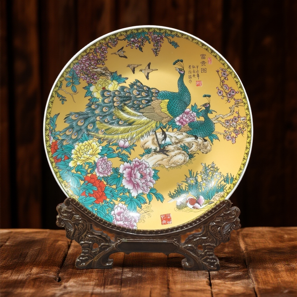金地孔雀富贵图赏盘+支架
