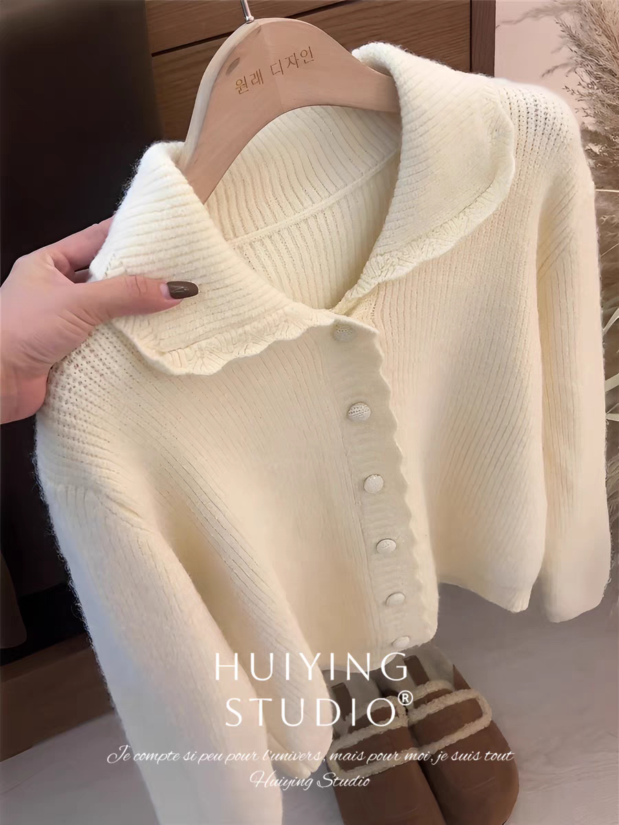 法式软糯娃娃领米白色毛衣女秋冬开衫2024年冬季新款高级加厚上衣