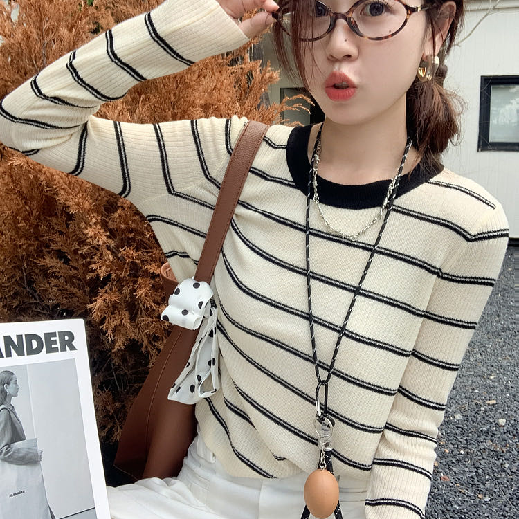 复古撞色条纹正肩修身针织衫女2025春季内搭打底毛衣减龄上衣显瘦