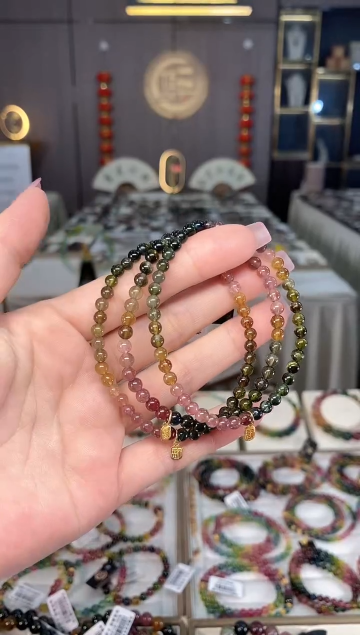 未镶嵌透体老矿碧玺彩虹单圈手串4mm+碧玺hon多样性发一条