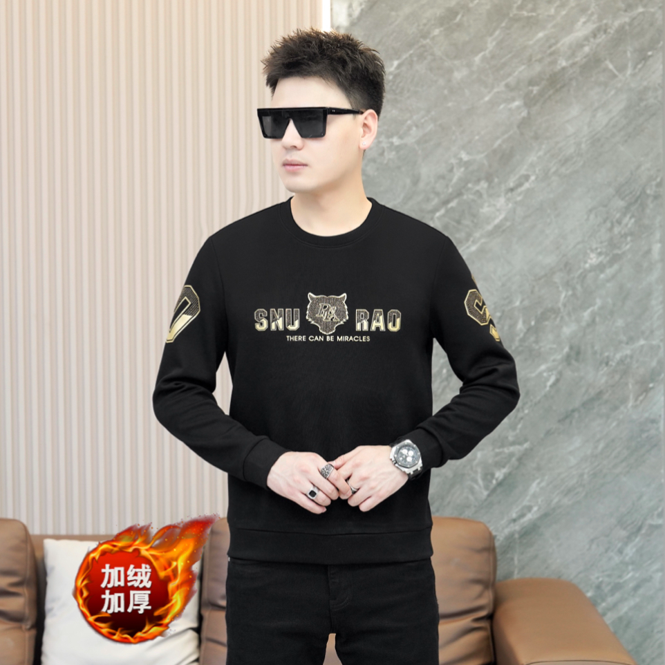 欧货烫钻圆领长袖t恤男士2024秋冬字母卫衣保暖打底衫时尚体恤潮