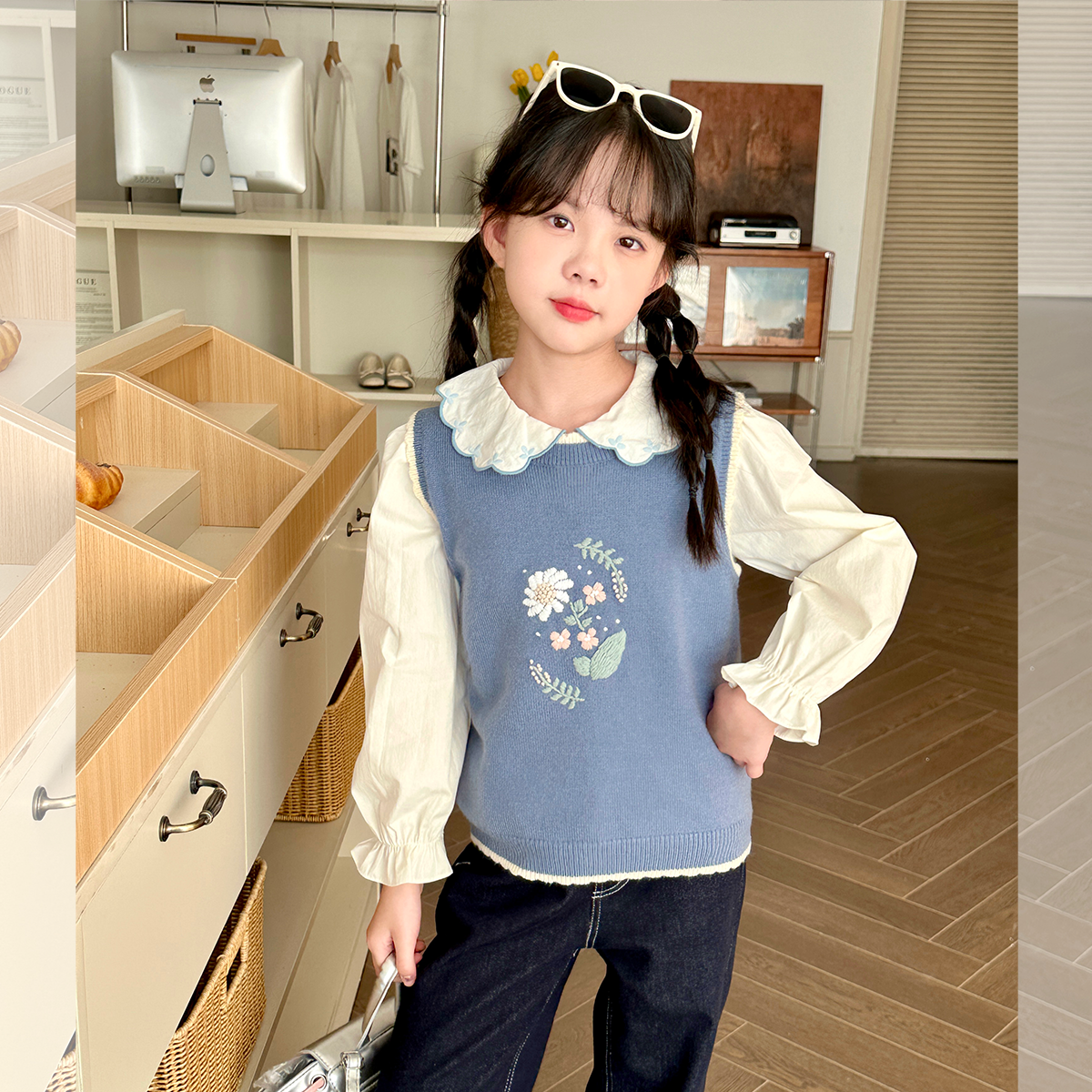 现货【手工花朵马甲】女童7718马甲新款秋季女宝宝针织背心毛衣百搭