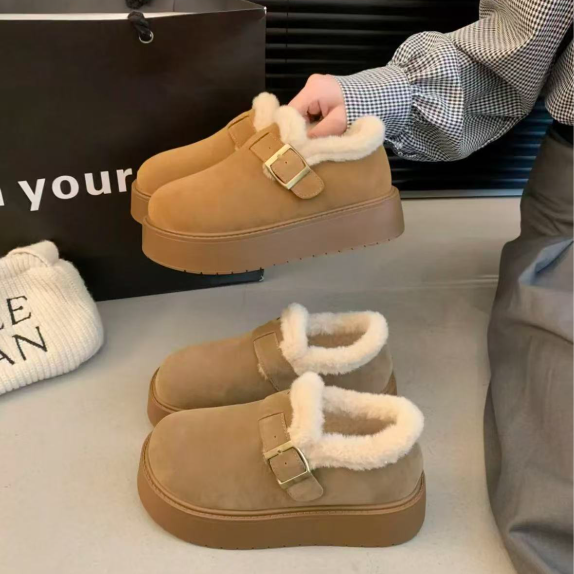 厚底加绒乐福鞋女款保暖雪地靴女2025新款冬季一脚蹬乐福棉鞋