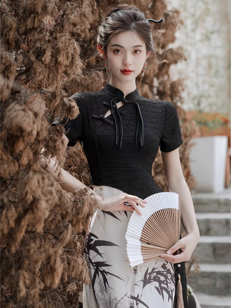 【图片款】新中式国风改良旗袍清冷感水墨画连衣裙小个子礼服禅意风