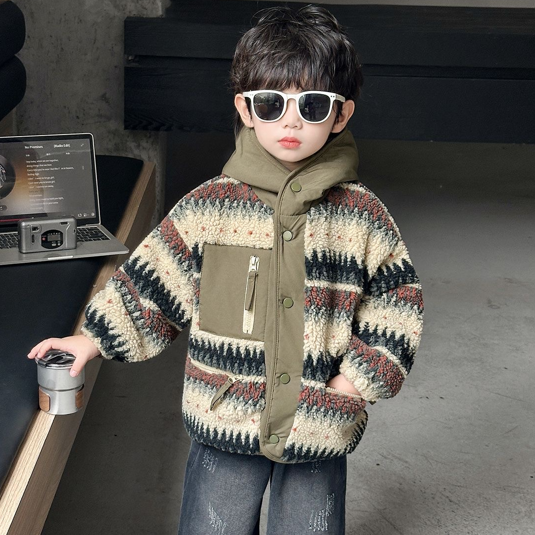 儿童夹棉外套复古费尔岛羔羔绒连帽外套男童加厚保暖棉服冬季潮装