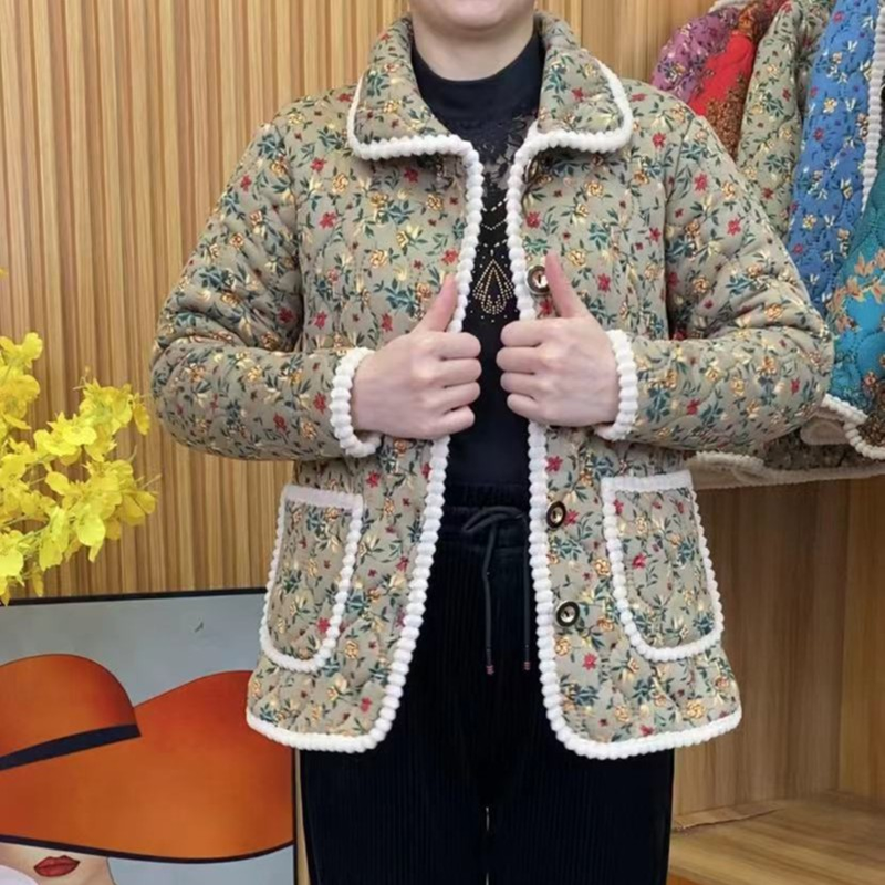 加绒棉服女秋冬新款妈妈装加厚网红碎花洋气棉衣中老年保暖棉袄