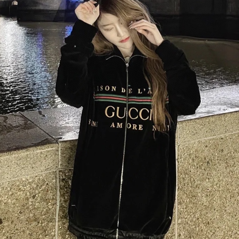 未使用 GUCCI/古驰 红绿logo条纹黑色丝绒夹克外套