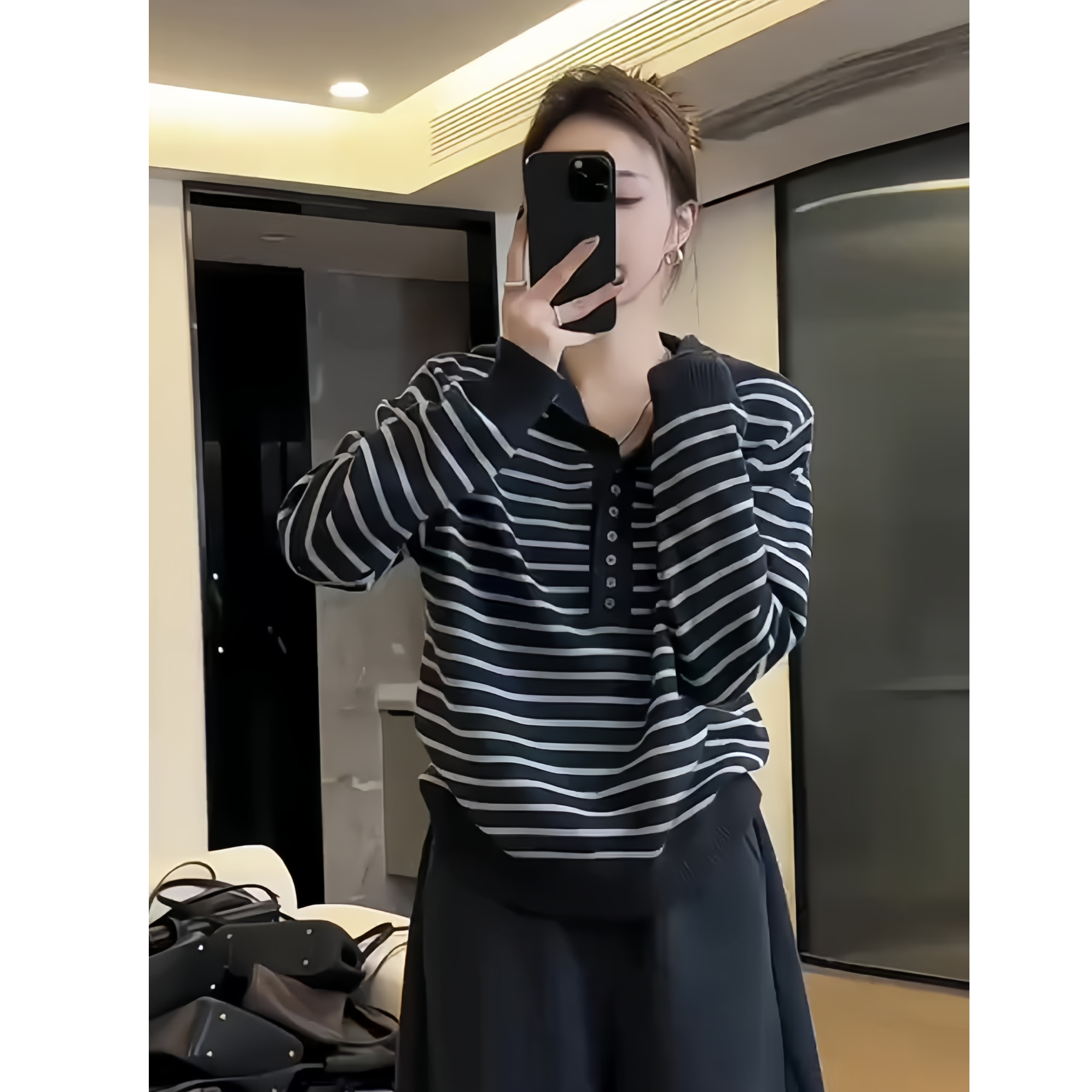 韩版休闲风连帽条纹长袖针织衫女秋季2025新款慵懒感百搭打底上衣