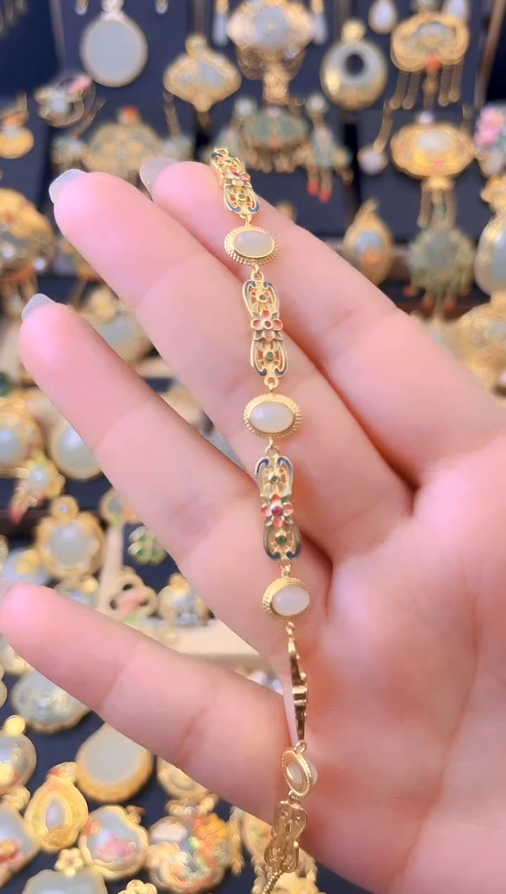 和田玉银S925镀金镶嵌套链桃之夭夭珐琅手链