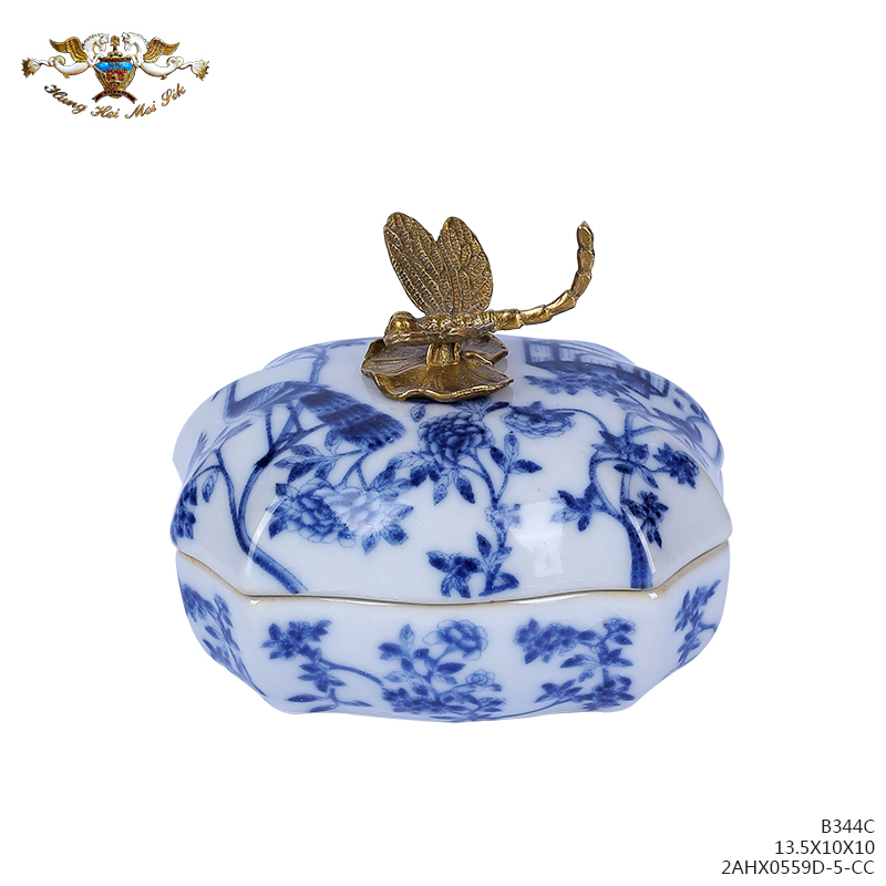鸿禧高温瓷蜻蜓铜顶盖盒2AHX0559D-5-CC瓷器摆件