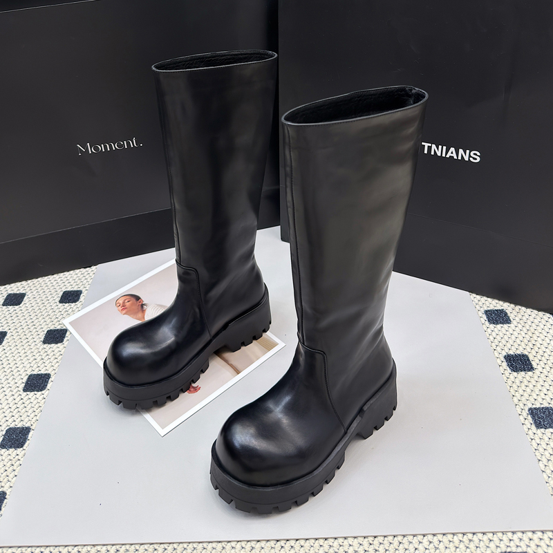 1398-2长筒靴女秋冬新款真皮厚底不过膝高筒靴复古大筒围骑士靴