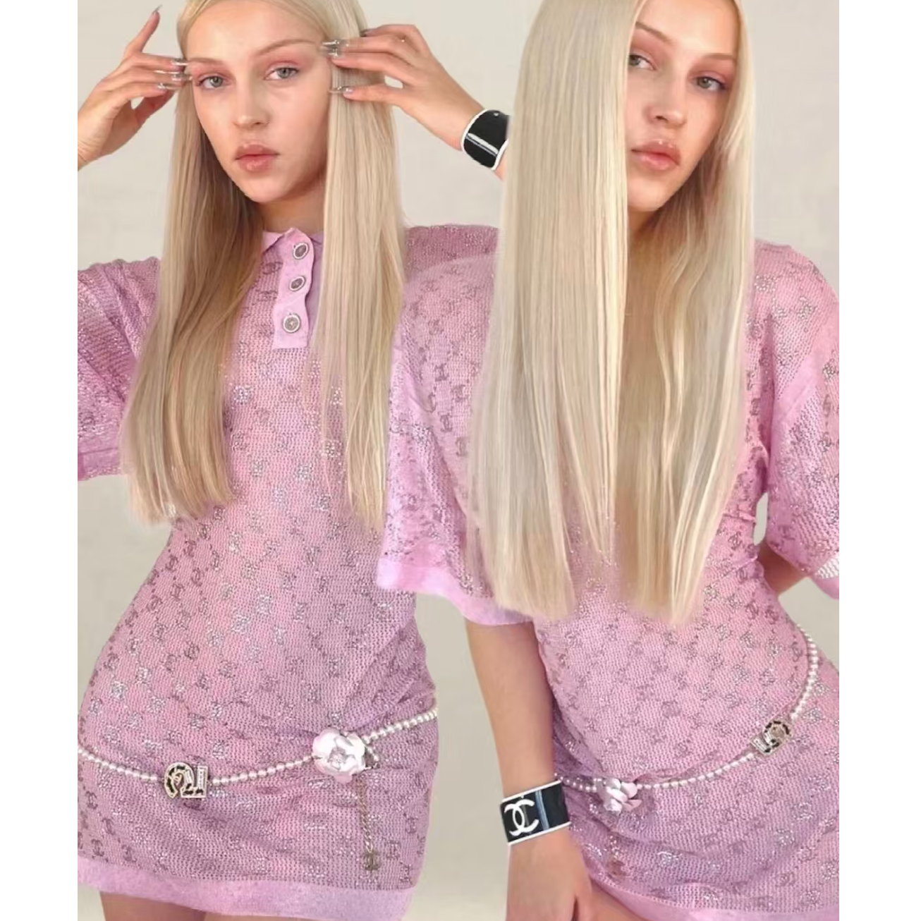 未使用 Chanel/香奈儿 Logo图案满印五分袖短袖连衣裙 粉色34/36