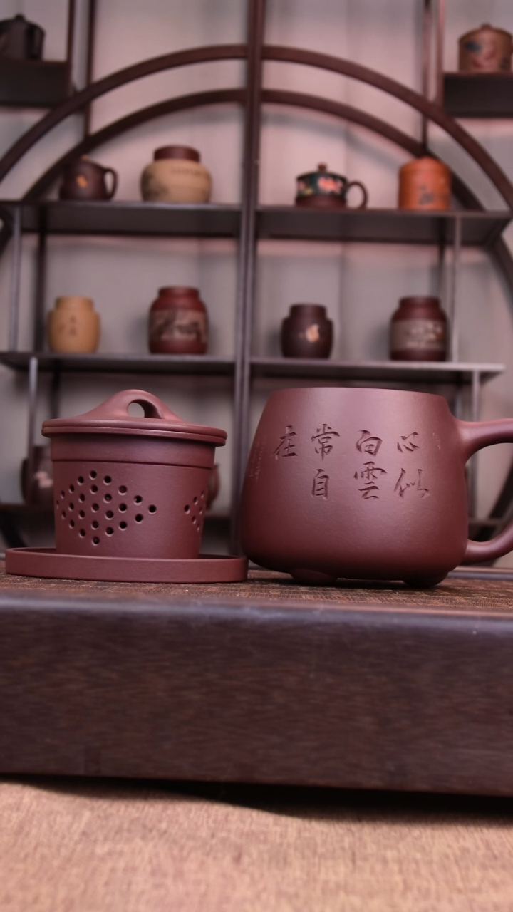 茶杯紫砂新品体验款石瓢刻绘四件套400-450CC容量