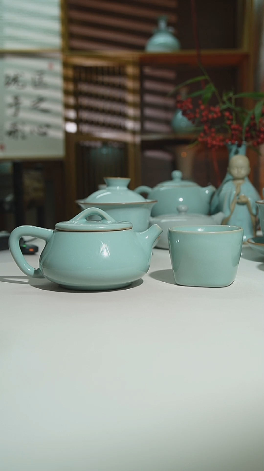 珑匠天青支钉石瓢壶不开片二级一壶一杯