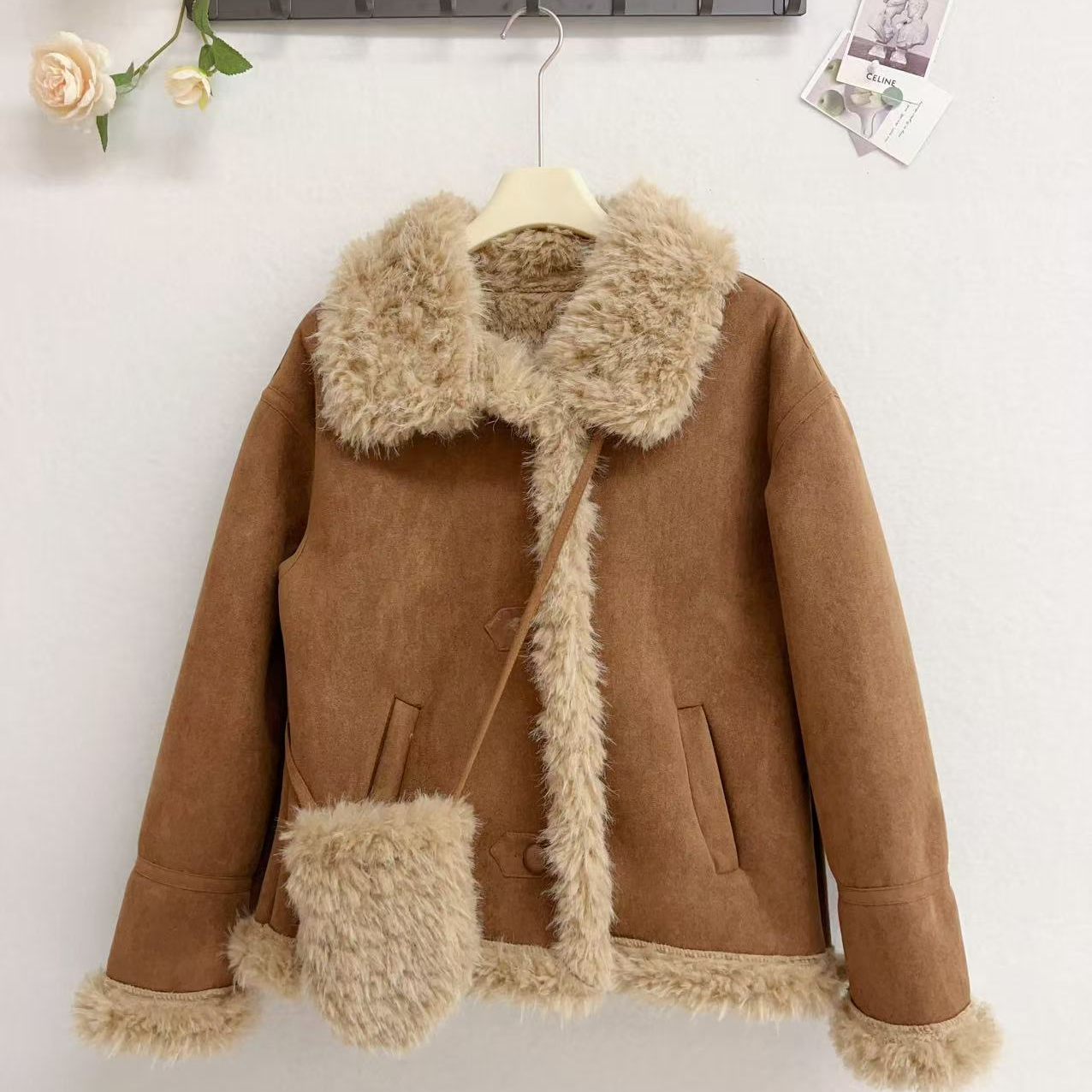 保暖短外套小个子冬季复古皮外套时尚上衣冬款翻领