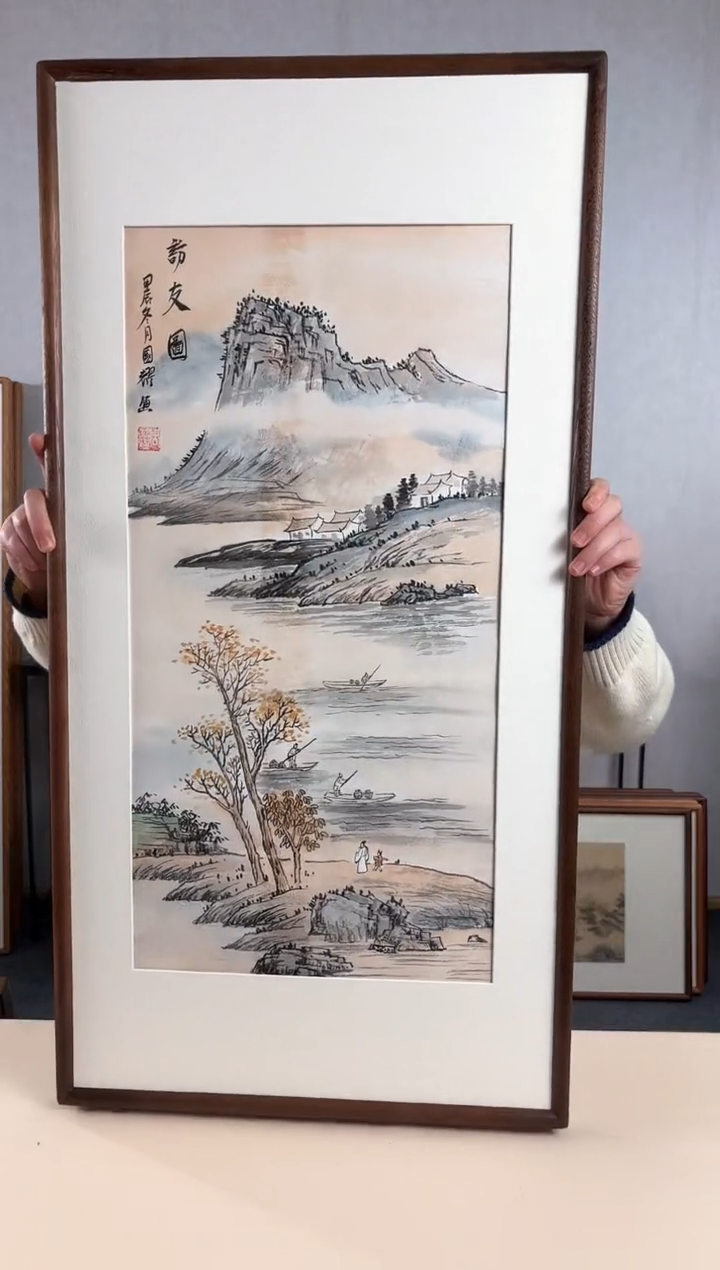 【闪购商品】国画手绘*访友图*47*92cm实木框