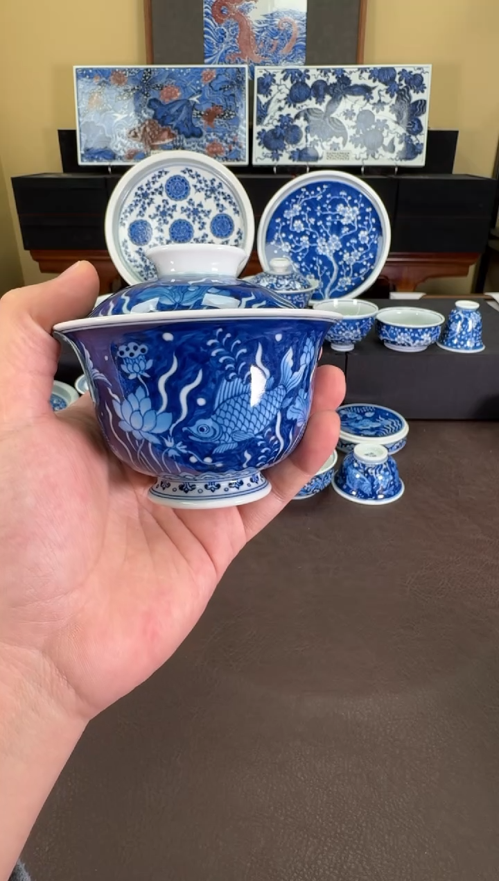 【闪购商品】瓷片羿器窑星空鱼藻纹盖碗