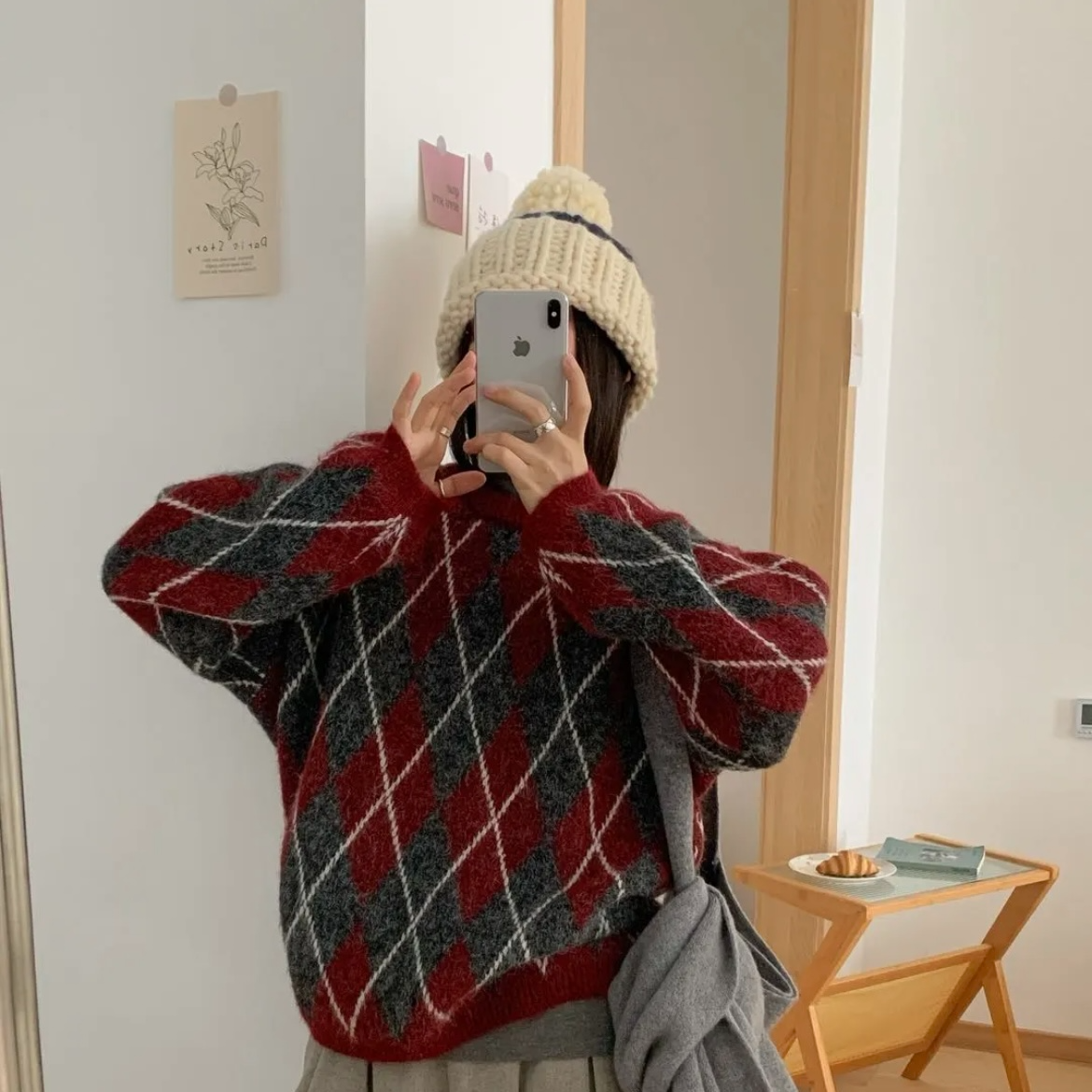 针织通勤圆领撞色菱格拉毛针织衫慵懒风上衣格子