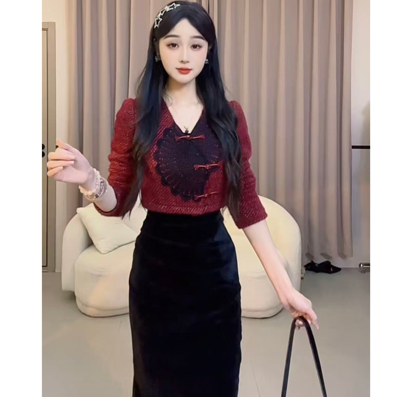 【蛋蛋】秋冬季轻熟法式复古女神修身两件套名媛连衣裙YYMYF53639