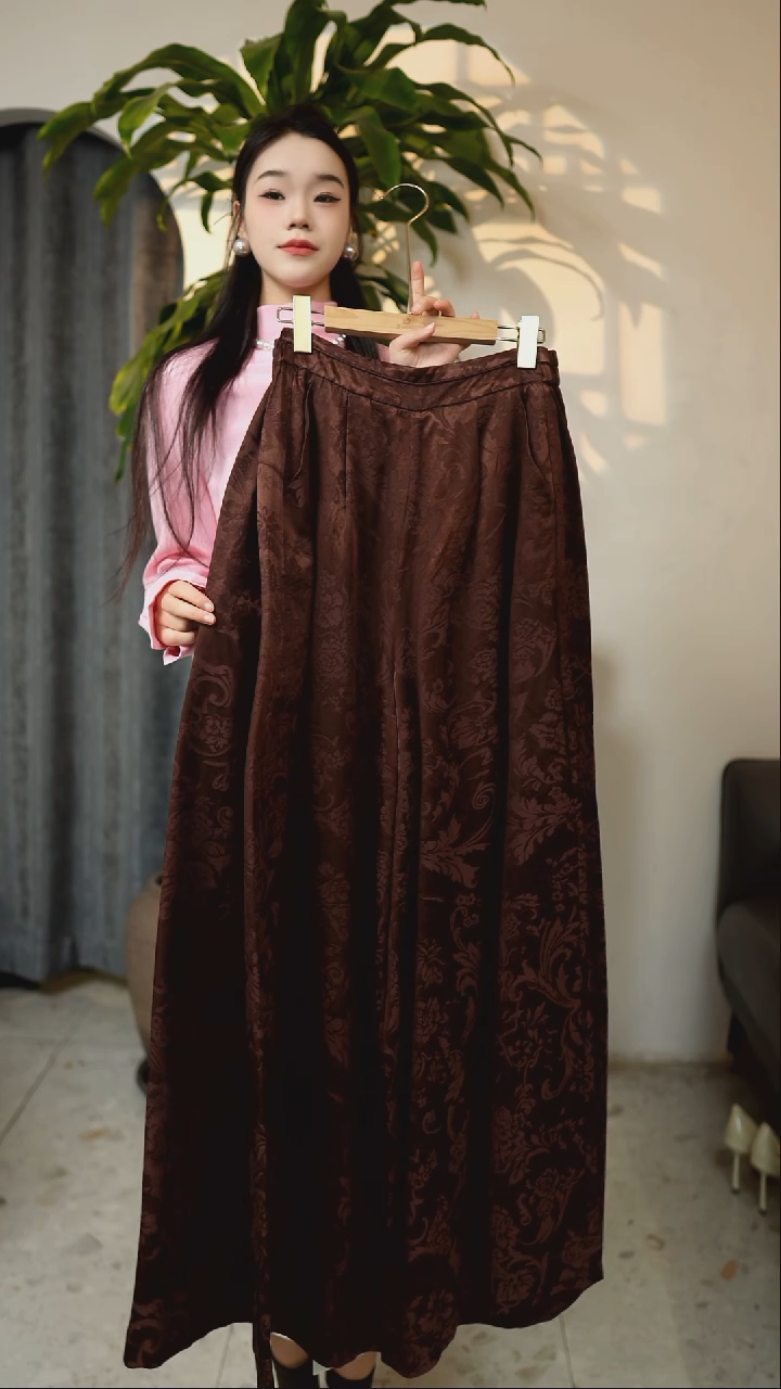 咖色人丝提花阔腿裤 M码