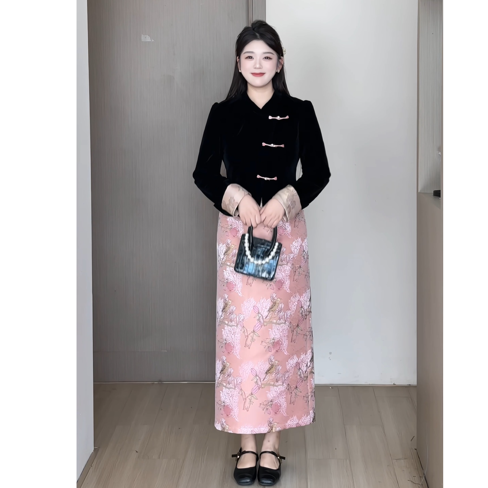 LY【金粉世家】秋大码女装新中式国风丝绒上衣+提花半身裙套装DM335