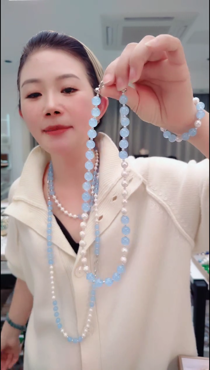 颈饰未镶嵌淡水珍珠0253蓝白项链