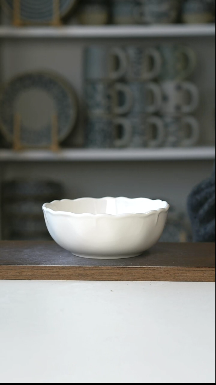 陶手捏纹极简白花瓣早餐碗14cm@4-2@微瑕