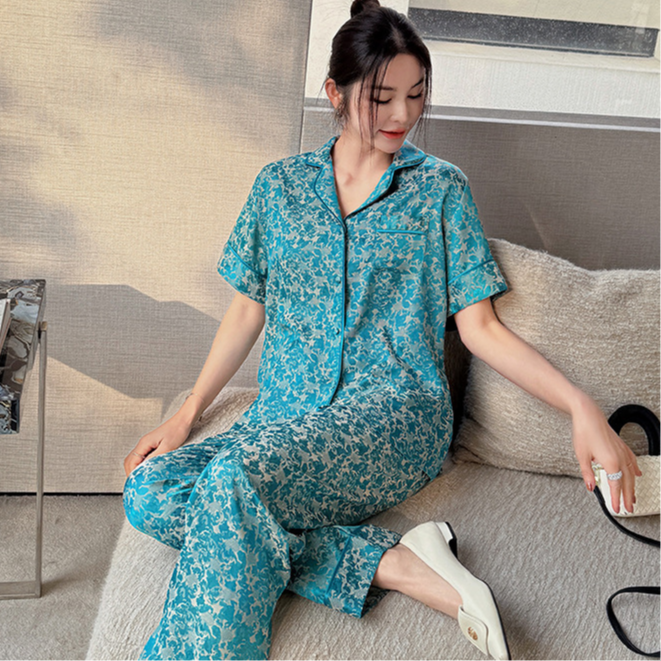 (轻奢D家浮雕提花）99丝绸缎面冰雪丝睡衣女春夏短袖CWS家居服